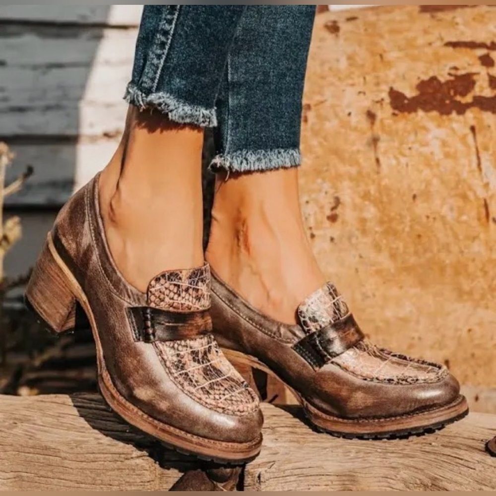 Freebird by Steven Bristol heeled loafers pink and brown snakeskin chunky heel